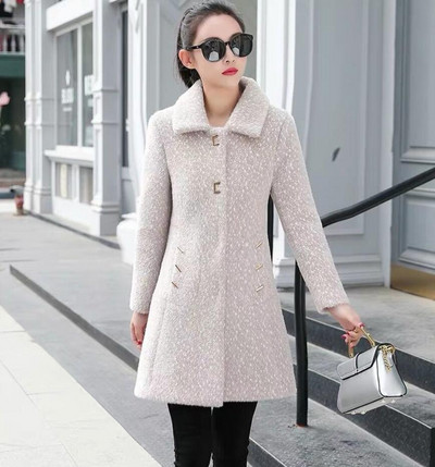 Jauns sieviešu korejiešu mākslīgās ūdeles vilnas vilnas jaka rudens ziemas, garš, biezināts zelta ūdeles vilnas mētelis sieviešu ikdienas silts mētelis