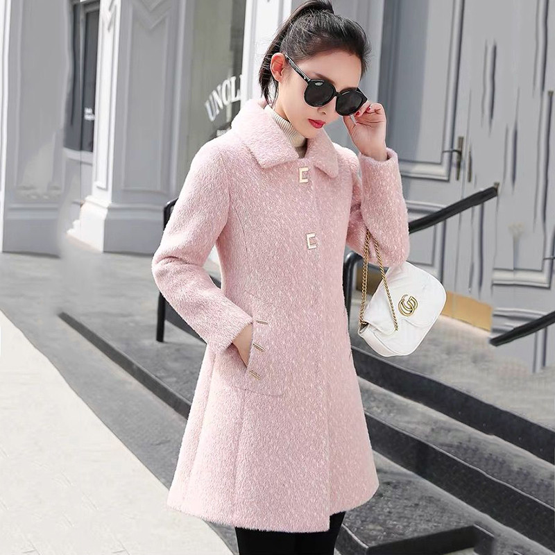 Jauns sieviešu korejiešu mākslīgās ūdeles vilnas vilnas jaka rudens ziemas, garš, biezināts zelta ūdeles vilnas mētelis sieviešu ikdienas silts mētelis