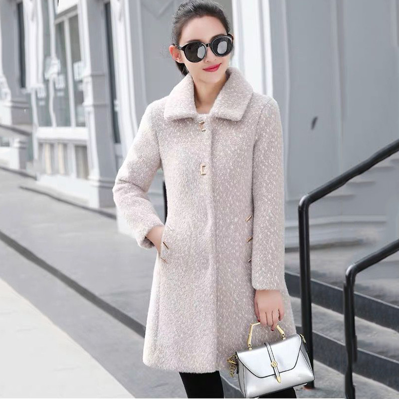 Jauns sieviešu korejiešu mākslīgās ūdeles vilnas vilnas jaka rudens ziemas, garš, biezināts zelta ūdeles vilnas mētelis sieviešu ikdienas silts mētelis