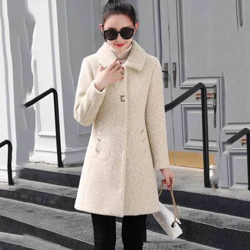 Jauns sieviešu korejiešu mākslīgās ūdeles vilnas vilnas jaka rudens ziemas, garš, biezināts zelta ūdeles vilnas mētelis sieviešu ikdienas silts mētelis