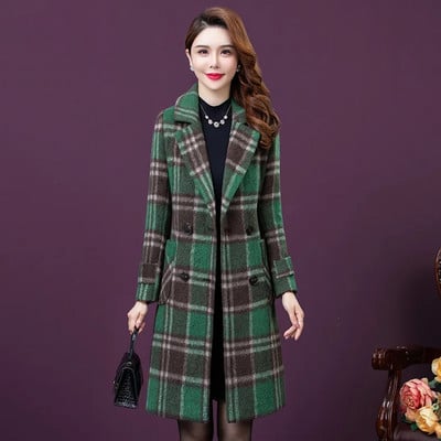 Jachetă elegantă de toamnă iarnă pentru femei, jachetă de lână de calitate, pentru femei, în carouri, îmbrăcăminte exterioară pentru femei, haină lungă de lână Topuri casual