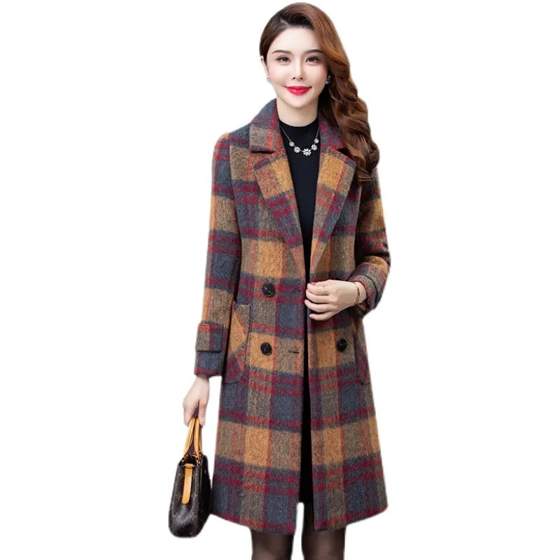 Jachetă elegantă de toamnă iarnă pentru femei, jachetă de lână de calitate, pentru femei, în carouri, îmbrăcăminte exterioară pentru femei, haină lungă de lână Topuri casual