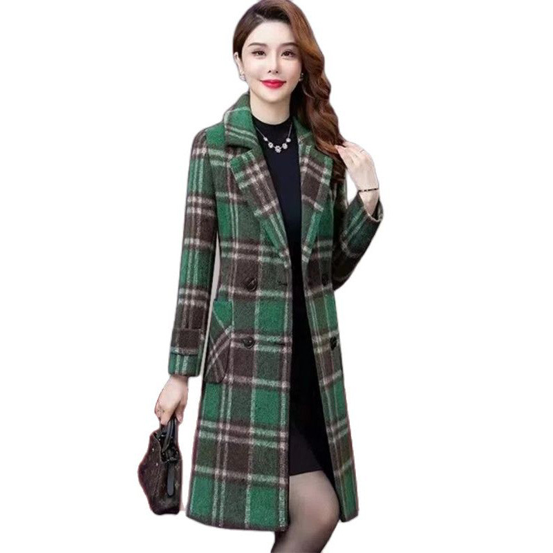Jachetă elegantă de toamnă iarnă pentru femei, jachetă de lână de calitate, pentru femei, în carouri, îmbrăcăminte exterioară pentru femei, haină lungă de lână Topuri casual