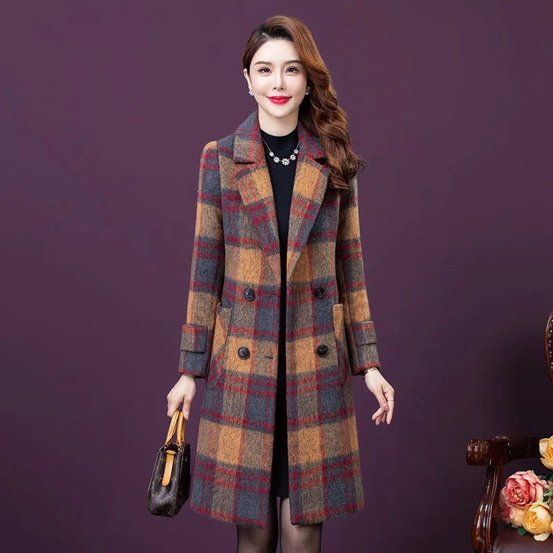 Jachetă elegantă de toamnă iarnă pentru femei, jachetă de lână de calitate, pentru femei, în carouri, îmbrăcăminte exterioară pentru femei, haină lungă de lână Topuri casual