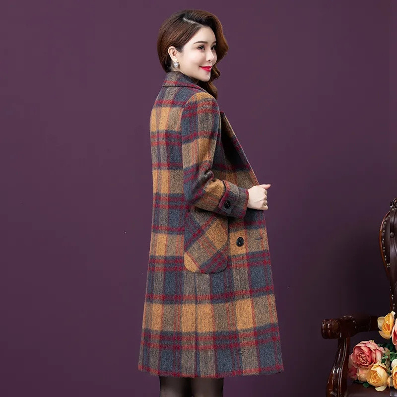 Jachetă elegantă de toamnă iarnă pentru femei, jachetă de lână de calitate, pentru femei, în carouri, îmbrăcăminte exterioară pentru femei, haină lungă de lână Topuri casual