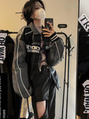 Deeptown American Vintage Varsity jaka Sieviešu ielas apģērbs Grunge ar rāvējslēdzēju Bomber Pu ādas jaka melns pāris izšūšanas mētelis