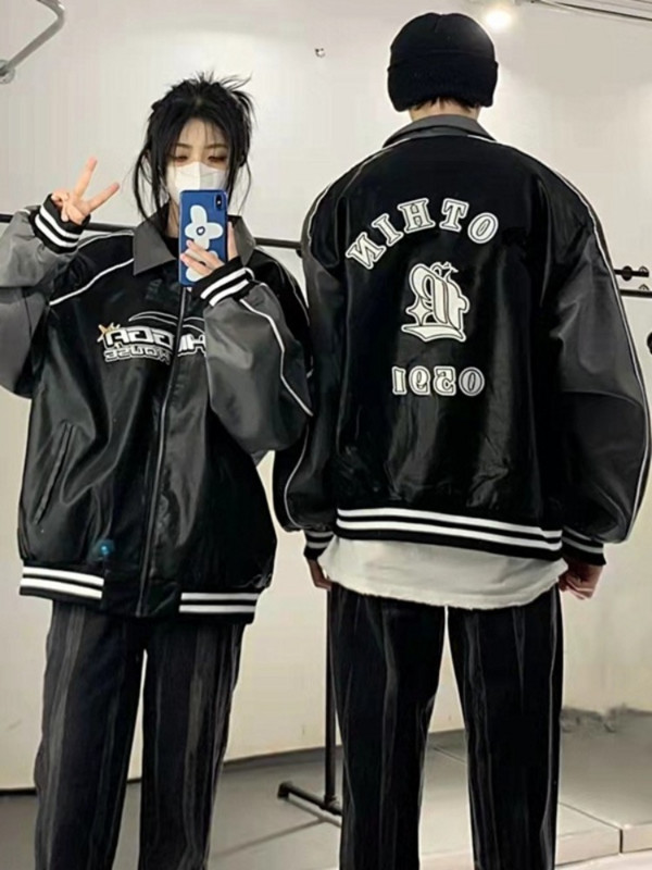 Deeptown American Vintage Varsity jaka Sieviešu ielas apģērbs Grunge ar rāvējslēdzēju Bomber Pu ādas jaka melns pāris izšūšanas mētelis