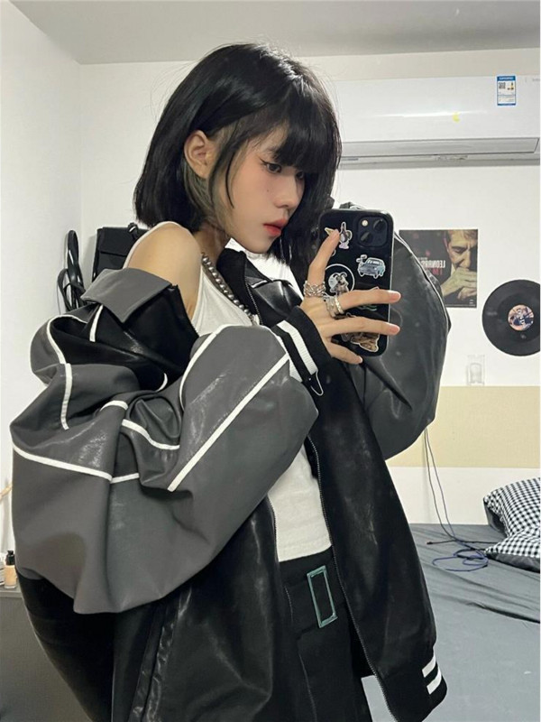 Deeptown American Vintage Varsity jaka Sieviešu ielas apģērbs Grunge ar rāvējslēdzēju Bomber Pu ādas jaka melns pāris izšūšanas mētelis