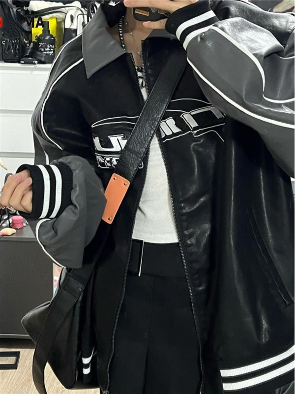 Deeptown American Vintage Varsity jaka Sieviešu ielas apģērbs Grunge ar rāvējslēdzēju Bomber Pu ādas jaka melns pāris izšūšanas mētelis