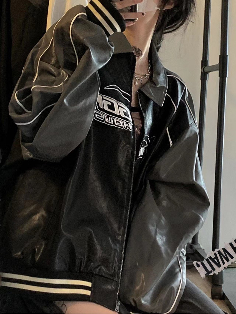 Deeptown American Vintage Varsity jaka Sieviešu ielas apģērbs Grunge ar rāvējslēdzēju Bomber Pu ādas jaka melns pāris izšūšanas mētelis