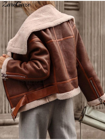 Есенно-зимно яке с ревер с колан от агнешка вълна Дамски улични мотоциклетни якета Изкуствена кожа с джоб с цип Удебелено топло дамско палто