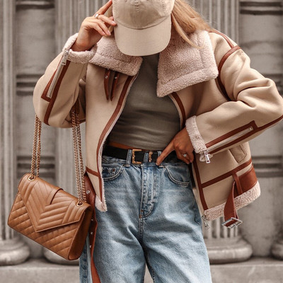 Jachetă din lână de miel, toamnă iarnă, jachetă de motocicletă de stradă pentru femei, din piele artificială, buzunar cu fermoar, haină caldă pentru doamnă.