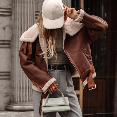 Jachetă din lână de miel, toamnă iarnă, jachetă de motocicletă de stradă pentru femei, din piele artificială, buzunar cu fermoar, haină caldă pentru doamnă.