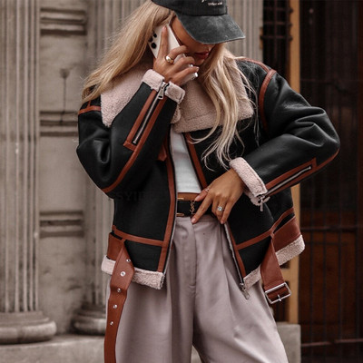 Jachetă din lână de miel, toamnă iarnă, jachetă de motocicletă de stradă pentru femei, din piele artificială, buzunar cu fermoar, haină caldă pentru doamnă.