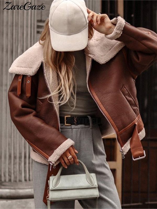 Jachetă din lână de miel, toamnă iarnă, jachetă de motocicletă de stradă pentru femei, din piele artificială, buzunar cu fermoar, haină caldă pentru doamnă.