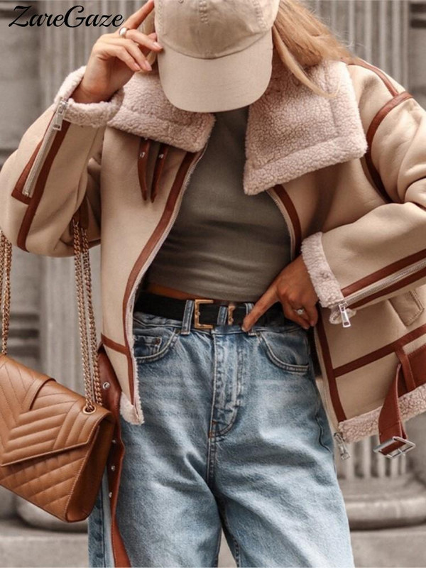 Jachetă din lână de miel, toamnă iarnă, jachetă de motocicletă de stradă pentru femei, din piele artificială, buzunar cu fermoar, haină caldă pentru doamnă.