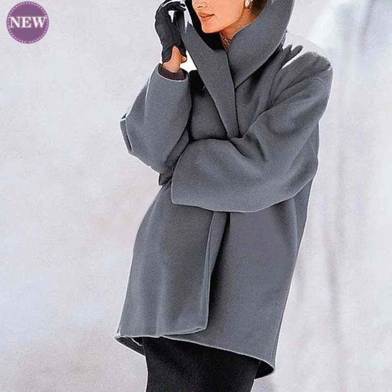 Moodne trendikas villane mantel 2023. aasta sügis- ja talvine naiste mantel, ümmargune kaelus, avara kapuutsiga mantel, villane mantel