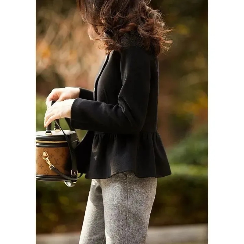 Jachetă de lână cu pendul din frunze de lotus la modă toamnă iarnă, cu un singur piept