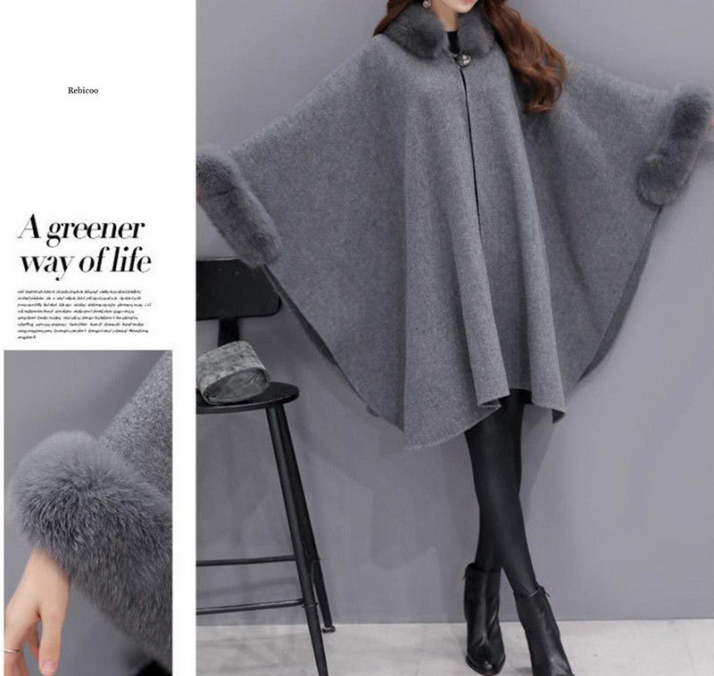 Sieviešu vilnas mētelis liela kažokādas apkakle vidēja garuma mētelis dāmu korejiešu stila jaka vilnas mētelis sikspārņa piedurknēm parka apmetņa šalle