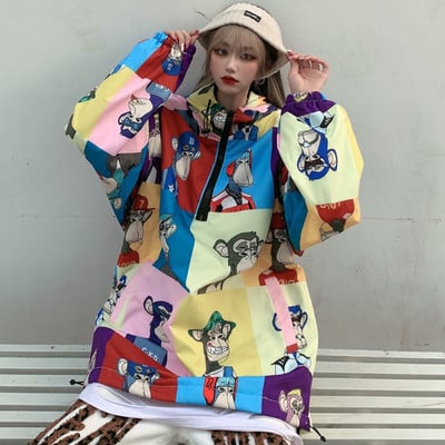 Spalvingos anime striukės su gobtuvu moterims Mados tendencijos Laisvalaikio rūbai Paauglių mergaičių negabaritinės gatvės aprangos megztiniai paltai