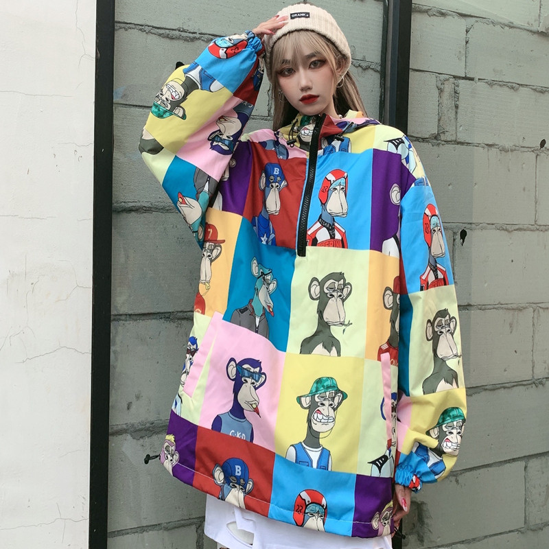 Spalvingos anime striukės su gobtuvu moterims Mados tendencijos Laisvalaikio rūbai Paauglių mergaičių negabaritinės gatvės aprangos megztiniai paltai