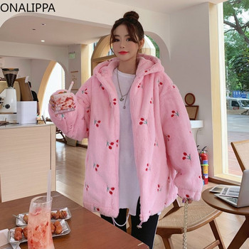 Onalippa Палто с качулка Cherry Zip Up Fleece Дебели дълги ръкави Сладки палта Корейска мода Chic Design Всички съвпадащи якета за жени