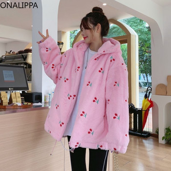 Onalippa Палто с качулка Cherry Zip Up Fleece Дебели дълги ръкави Сладки палта Корейска мода Chic Design Всички съвпадащи якета за жени