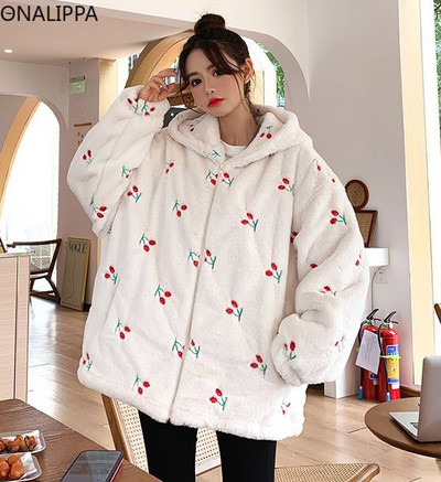 Onalippa su gobtuvu vyšnios vilnos paltas storomis ilgomis rankovėmis Saldūs paltai Korėjos mados prašmatnus dizainas Visi atitinkantys švarkai moterims