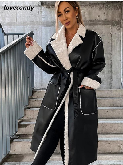 Γυναικείο πανωφόρι PU με γιακά γιακά από συνθετικό δέρμα 2022 Ζεστό φαρδύ μακρυμάνικο γυναικείο μπουφάν Midi Cool Lady κομψό παλτό τσέπης