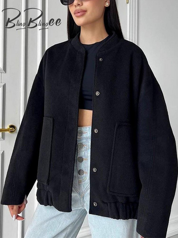 BlingBlingee Negru Alb Jachetă Bomber oversize pentru femei Traf 2023 Iarnă cu mâneci lungi, nasturi, buzunare mari, haină largi, top feminin Y2K