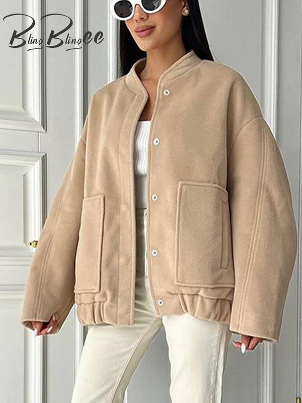 BlingBlingee Negru Alb Jachetă Bomber oversize pentru femei Traf 2023 Iarnă cu mâneci lungi, nasturi, buzunare mari, haină largi, top feminin Y2K