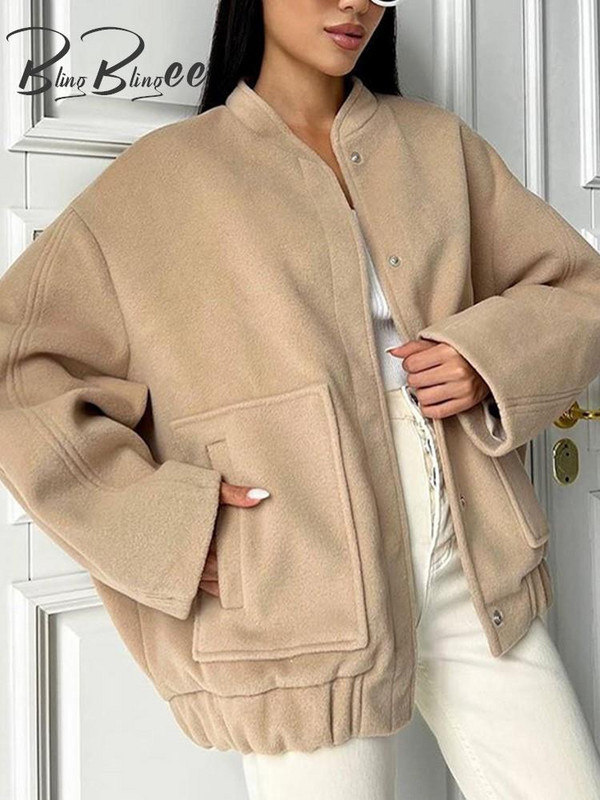 BlingBlingee Negru Alb Jachetă Bomber oversize pentru femei Traf 2023 Iarnă cu mâneci lungi, nasturi, buzunare mari, haină largi, top feminin Y2K