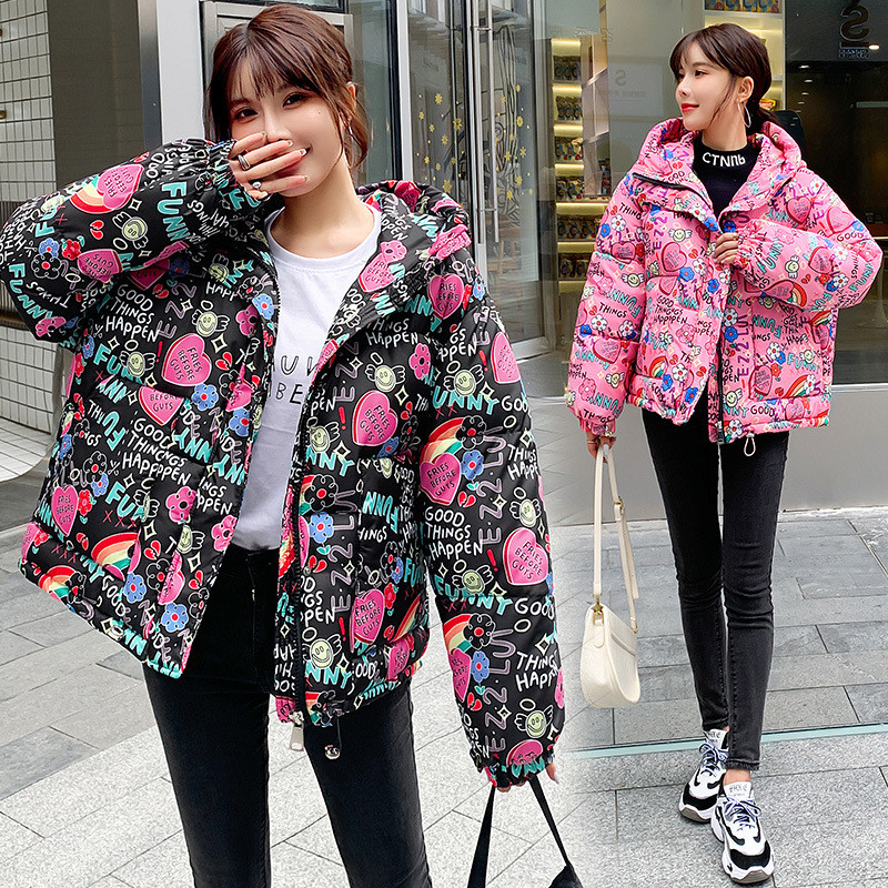 M-2XL2021 nou stil european de camuflaj graffiti imprimare pâine scurtă haină groasă jachetă de damă jachetă din bumbac