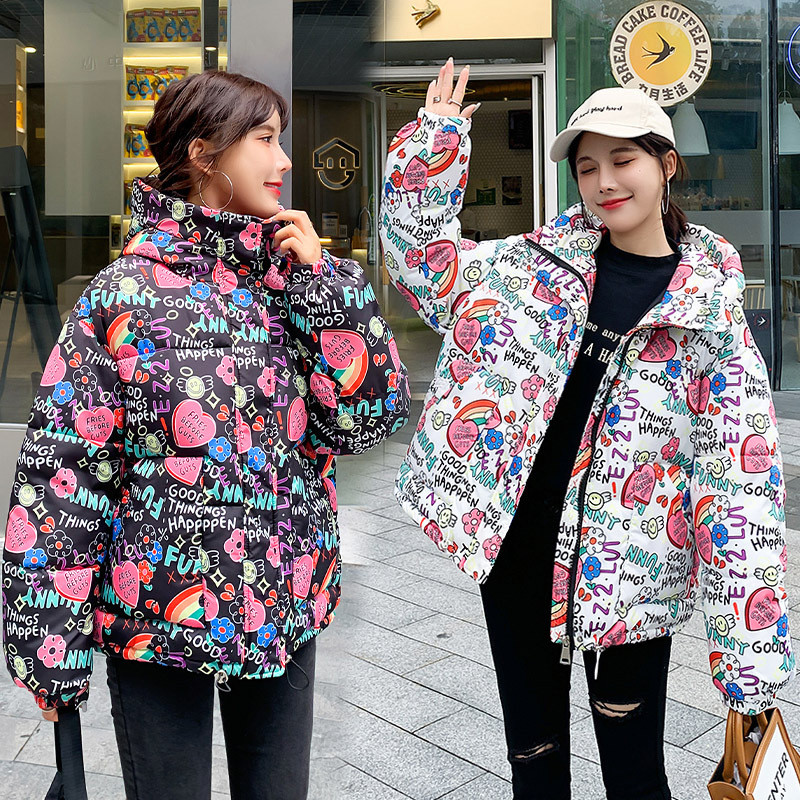 M-2XL2021 nou stil european de camuflaj graffiti imprimare pâine scurtă haină groasă jachetă de damă jachetă din bumbac