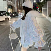 Parka pentru femei Nouă modă coreeană de iarnă cu paiete groase Fermoar, plin, dulce, ține cald, parka pentru fete, mică, proaspătă