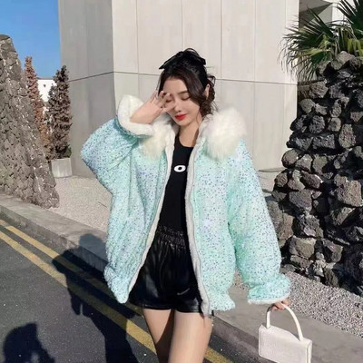 Parka pentru femei Nouă modă coreeană de iarnă cu paiete groase Fermoar, plin, dulce, ține cald, parka pentru fete, mică, proaspătă