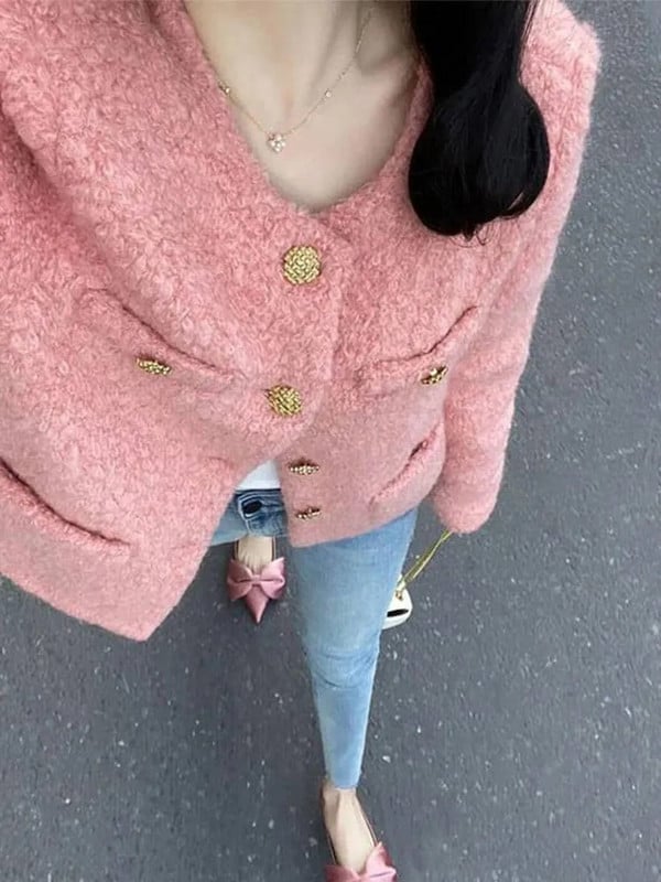 Sügistalv 2023 Lühike jope mantel Naiste roosad mantlid Naiste Korea kontori naiste kohev mantel, soe ülerõivas, naiste jakid