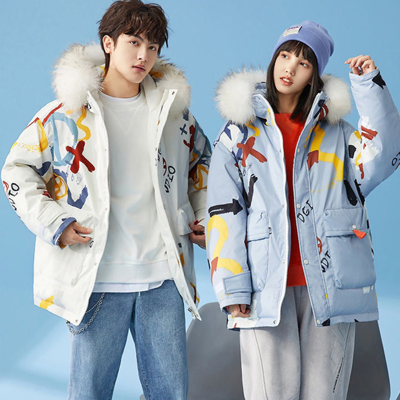 Jachetă cu puf imprimată la modă nouă, parka cu glugă, pardesi, îmbrăcăminte de cuplu, iarna rece, caldă, jachete de puf de rață alb 90%, 100 kg