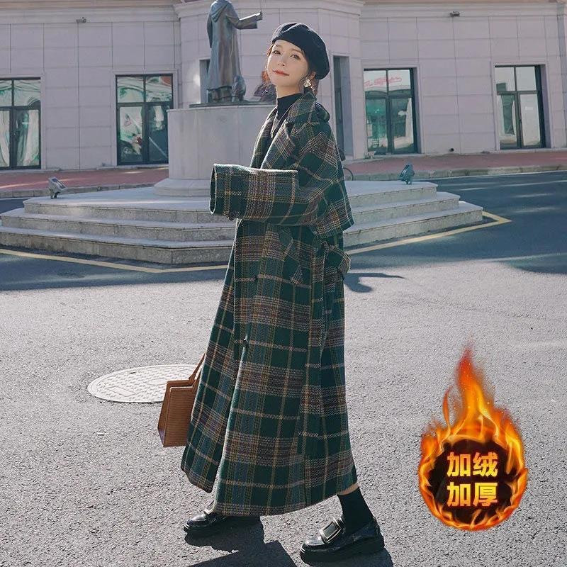 Paltoane de lână în carouri îngroșate de epocă, curea de iarnă pentru femei, amestecuri de lână lungi, jachete, pardesiu de lux, cu un singur piept, Abrigos calduri noi