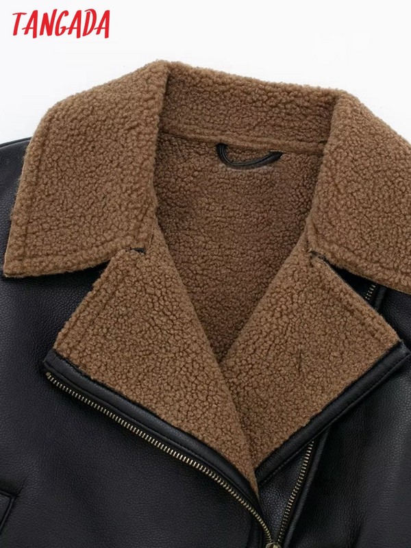 Tangada 2023 de iarnă pentru femei, jachetă din piele artificială, groasă, supradimensionată, haină de bombardier pentru femei, 3H626