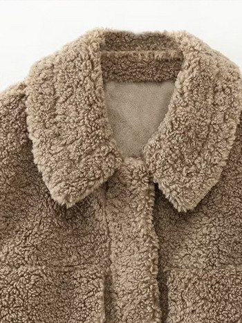 Ежедневни къси дамски зимни палта от изкуствена агнешка вълна 2023 Есенни якета с дълги ръкави и яка с джобове Дамски топли улични дрехи