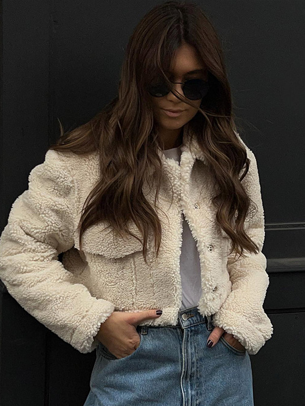 Ocazional, faux lână de miel, haine scurte de iarnă pentru femei, 2023, cu mânecă lungă, cu guler răsturnat, jachete de toamnă pentru femei, haine calde de stradă