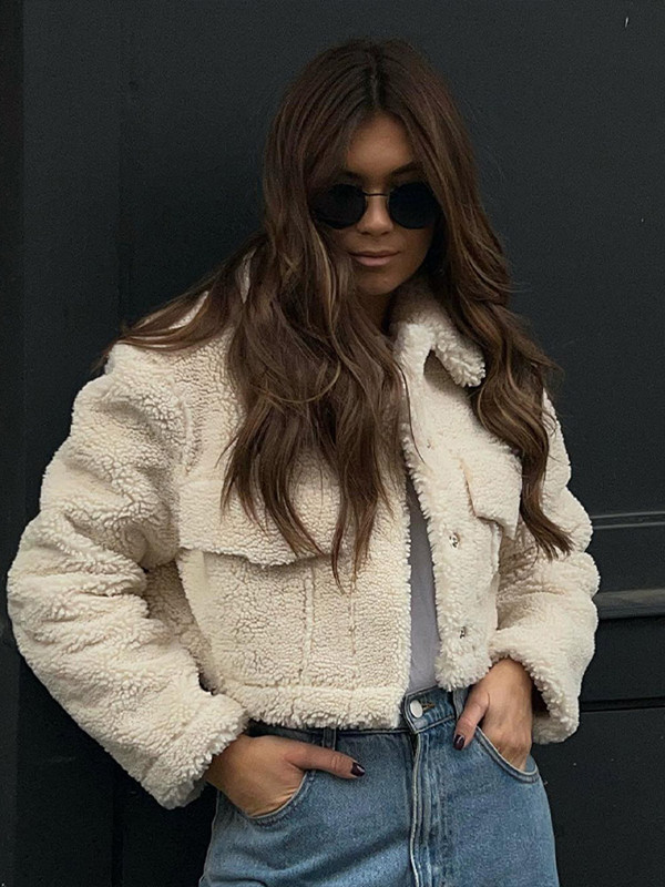 Ocazional, faux lână de miel, haine scurte de iarnă pentru femei, 2023, cu mânecă lungă, cu guler răsturnat, jachete de toamnă pentru femei, haine calde de stradă