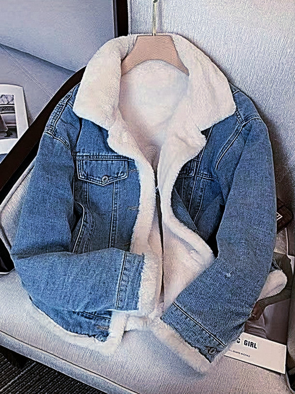 Žieminė vilna, stora džinsinė striukė Moteriška Laisva Negabaritinė Laisvalaikis Šilti Džinsai Paltai Dėvėti Kailinė Apykakle Ilgomis Rankovėmis Moteriški drabužiai