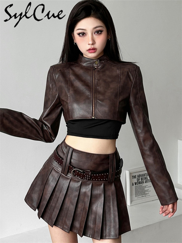 Sylcue Brown Clasic Vintage All-Match Mat La modă Distinctiv Casual Simplu High Street Încrezător Jachetă scurtă pentru femei