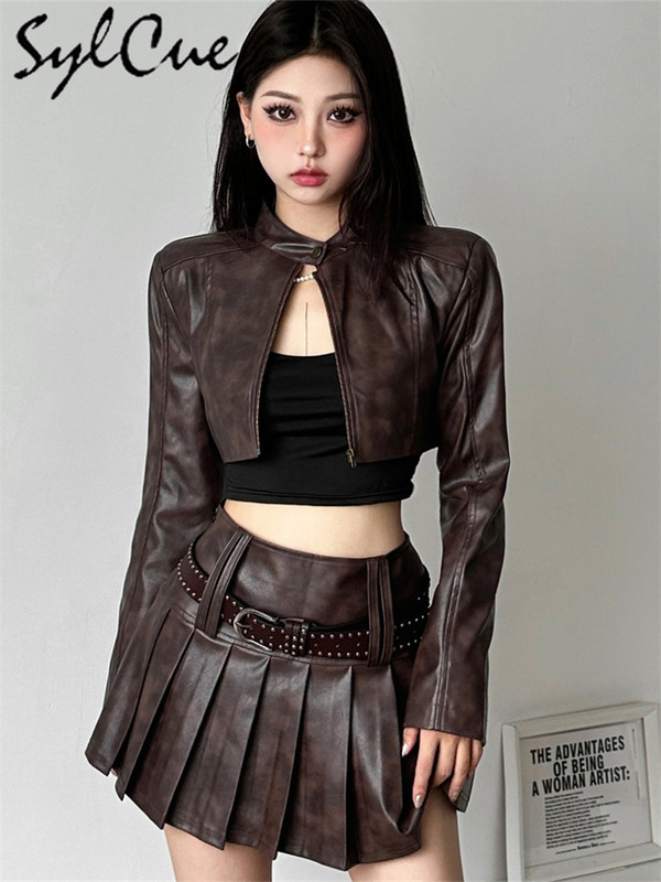 Sylcue Brown Clasic Vintage All-Match Mat La modă Distinctiv Casual Simplu High Street Încrezător Jachetă scurtă pentru femei