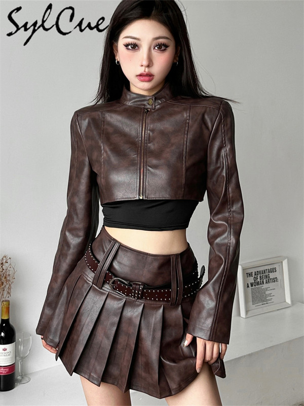 Sylcue Brown Clasic Vintage All-Match Mat La modă Distinctiv Casual Simplu High Street Încrezător Jachetă scurtă pentru femei