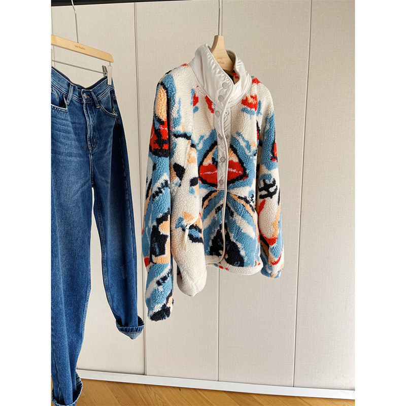 Design Camouflaj Jacquard Îngroșat Cald Polar Fleece Guler în picioare Cardigan Palton Femeie 2023 Toamnă Iarnă