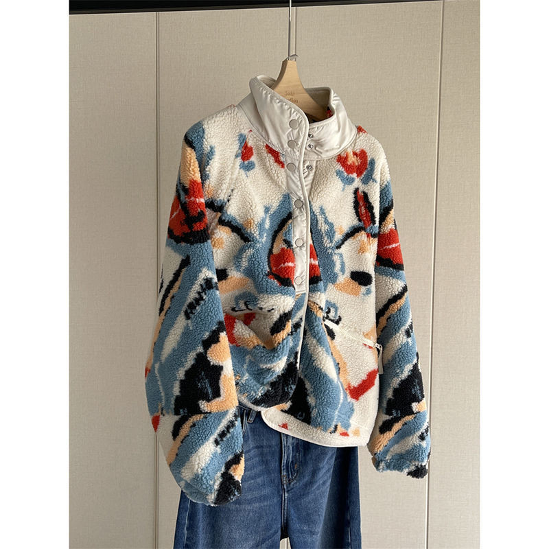 Design Camouflaj Jacquard Îngroșat Cald Polar Fleece Guler în picioare Cardigan Palton Femeie 2023 Toamnă Iarnă