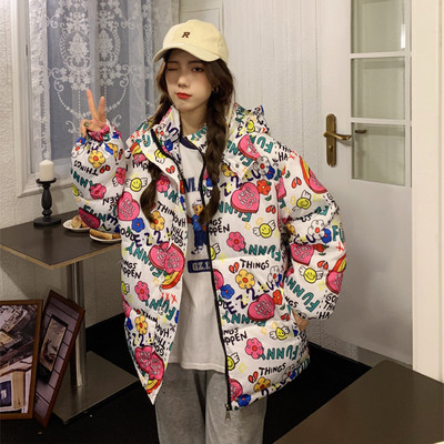 FORERUN Jachetă de iarnă drăguță, la modă coreeană, haină supradimensionată cu bule, panda de desene animate, cu inimă, imprimată cu glugă, parka cu glugă, manteau pentru femei.